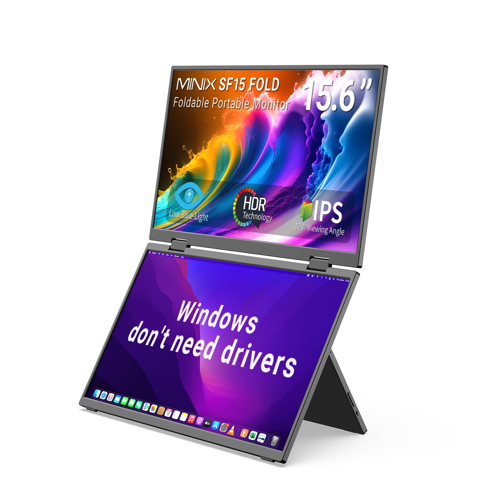 MINIX SF15 FOLD Dual 15.6 Foldable Portable Monitor, 1080P FHD, 300 nits, 100W PD, Low Blue Light, Recyclable Metal, Type-C & HD