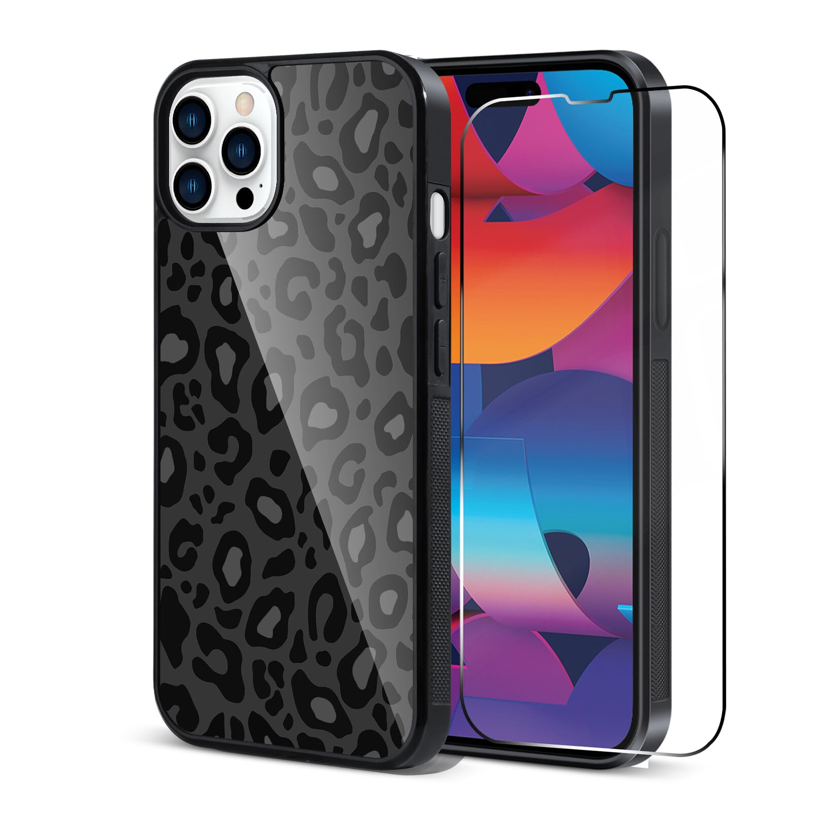 TEAUGHT Compatible with iPhone 15 Pro Max Case Cute Pattern Black Leopard Print Cheetah + Screen Protector Tire Shockproof Cover