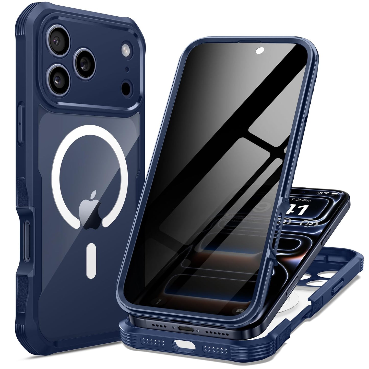 seacosmo for iPhone 17 Pro Case, Full Body Bumper with Built-in Tempered Glass Privacy Screen Protector and Camera Lens Protecti