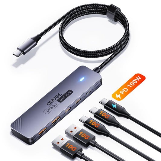 USB C Hub 10Gbps, QUUGE 5-in-1 USB Splitter with 2 USB-A & 2 USB-C 3.2 and PD 100W, Fast Transfer Aluminum Type-C Multiport Adap