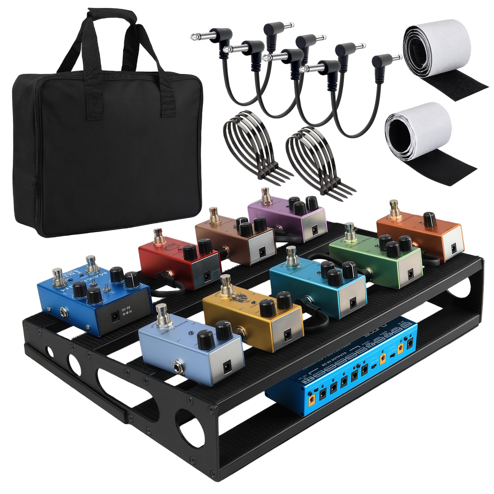 GOGHOST Guitar Pedal Board with Power Supply Tray, 15.7x12.2x3.1, Metal Bass Pedal Stand Black Effects Pedalboards with 4 Pcs 6