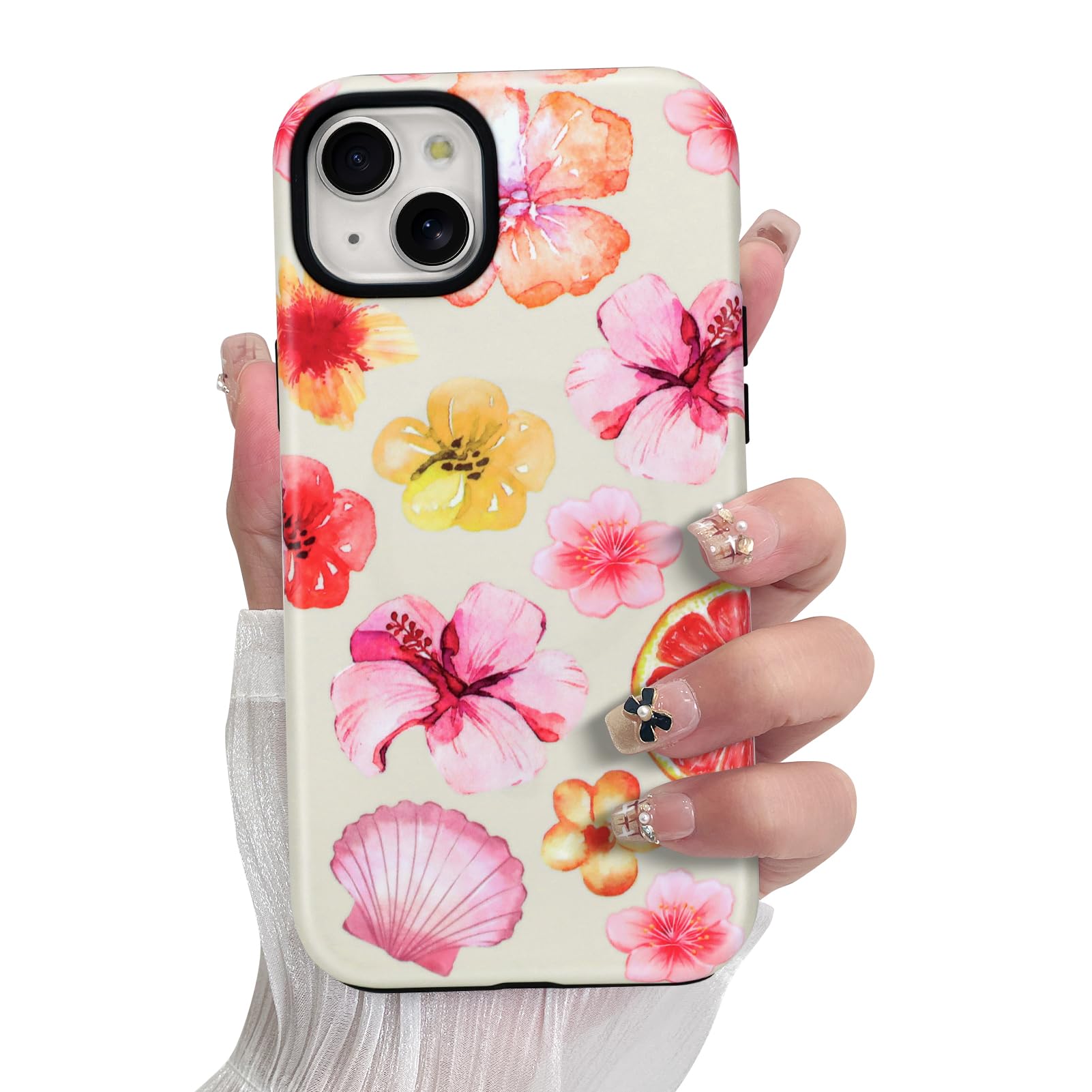 SOKAD Magnetic Hibiscus Seashell Phone Case for iPhone 14, Cute Summer Florals Pattern Compatible with Magsafe Matte Protective