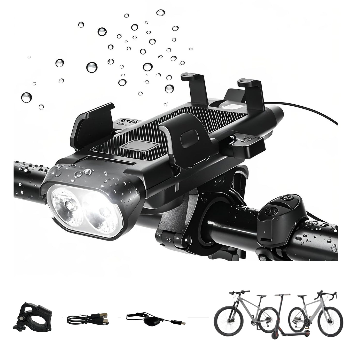 Linglance 4 in 1 Bike Phone Mount with 500-Lumen Lights,130dB Horn & 3000mAh USB Charger,Rotatable Holder (Fits 60-90mm),Easy In