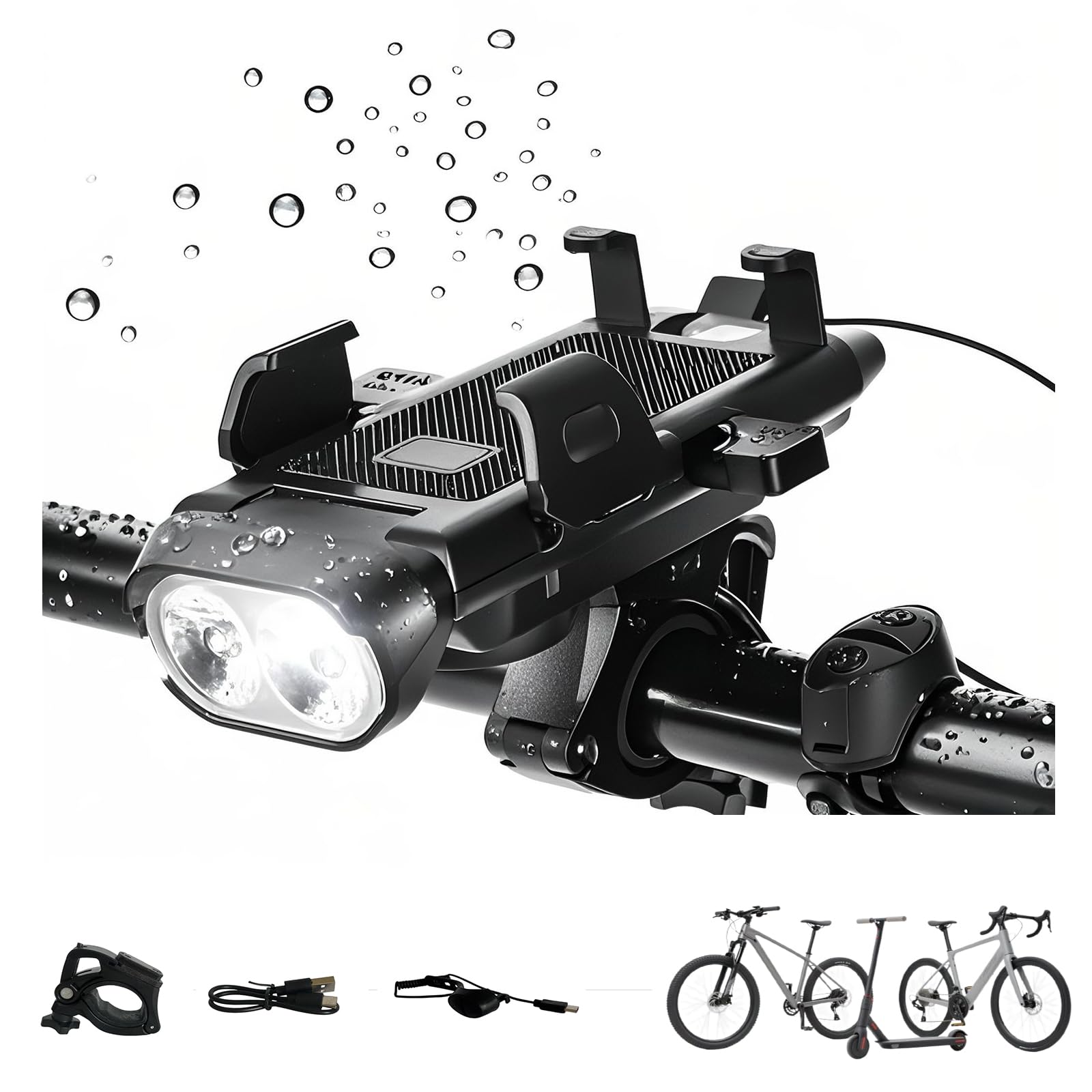 Linglance 4 in 1 Bike Phone Mount with 500-Lumen Lights,130dB Horn & 3000mAh USB Charger,Rotatable Holder (Fits 60-90mm),Easy In