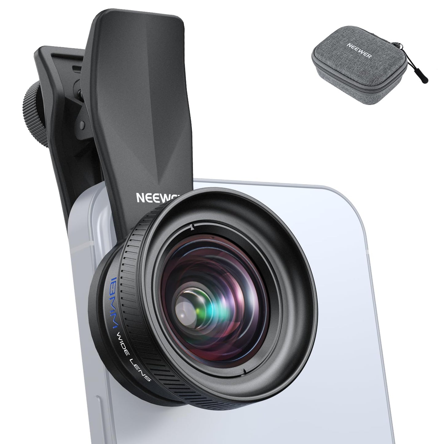 NEEWER 18mm Wide Angle Lens with 17mm Threaded Phone Camera Lens Clip, 100 FOV, 0.75X Magnification, 6 Elements in 5 Groups, Com
