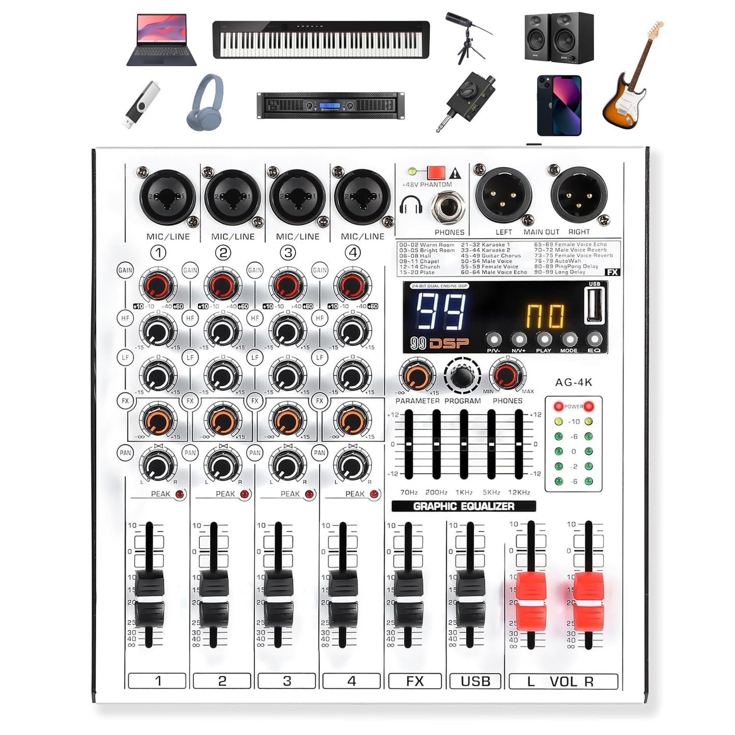 4 Channel Professional Audio Mixer with 4 MIC/LINE Inputs, 5-Band EQ, 99DSP Effects, USB Playback/Recording, +48V Phantom Power