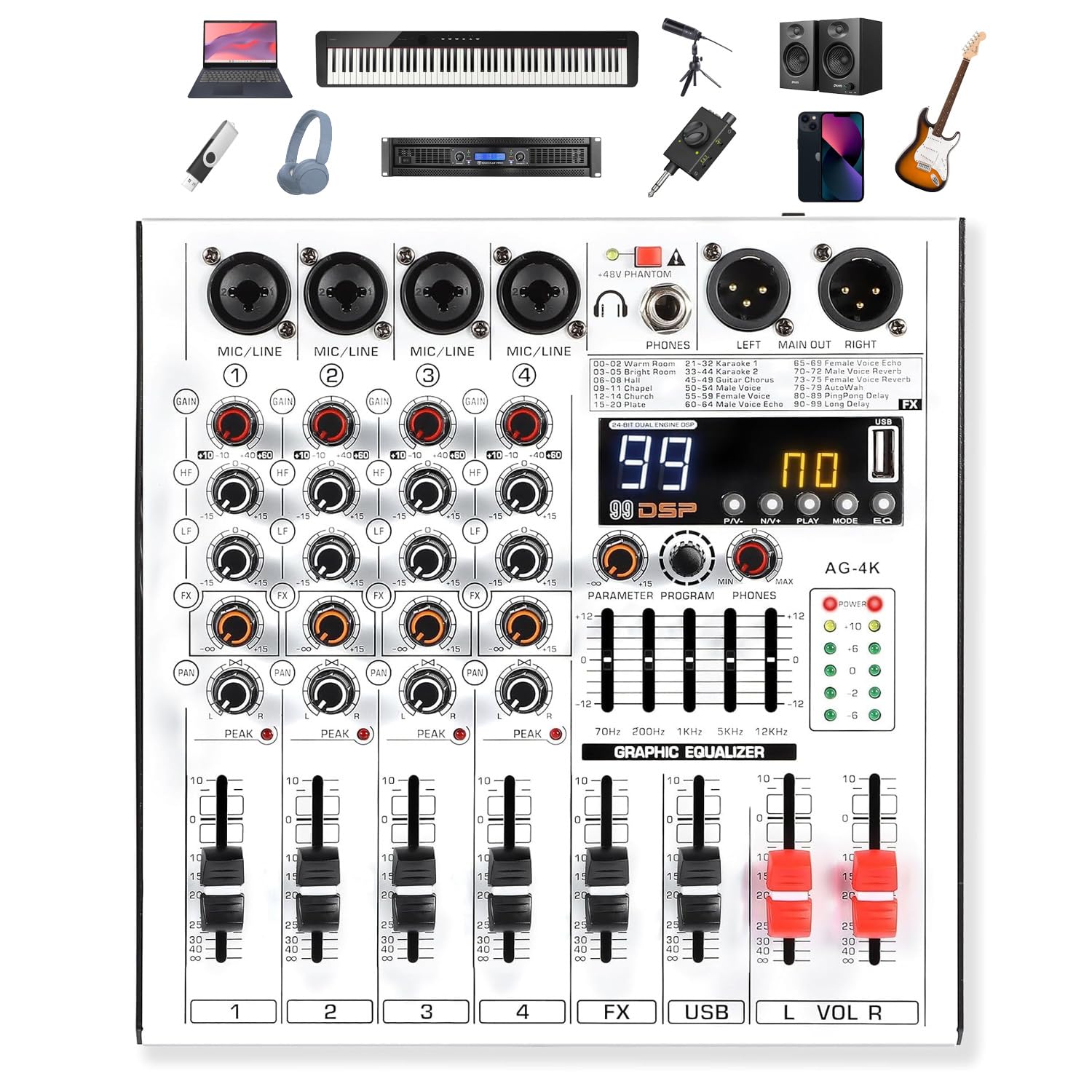 4 Channel Professional Audio Mixer with 4 MIC/LINE Inputs, 5-Band EQ, 99DSP Effects, USB Playback/Recording, +48V Phantom Power