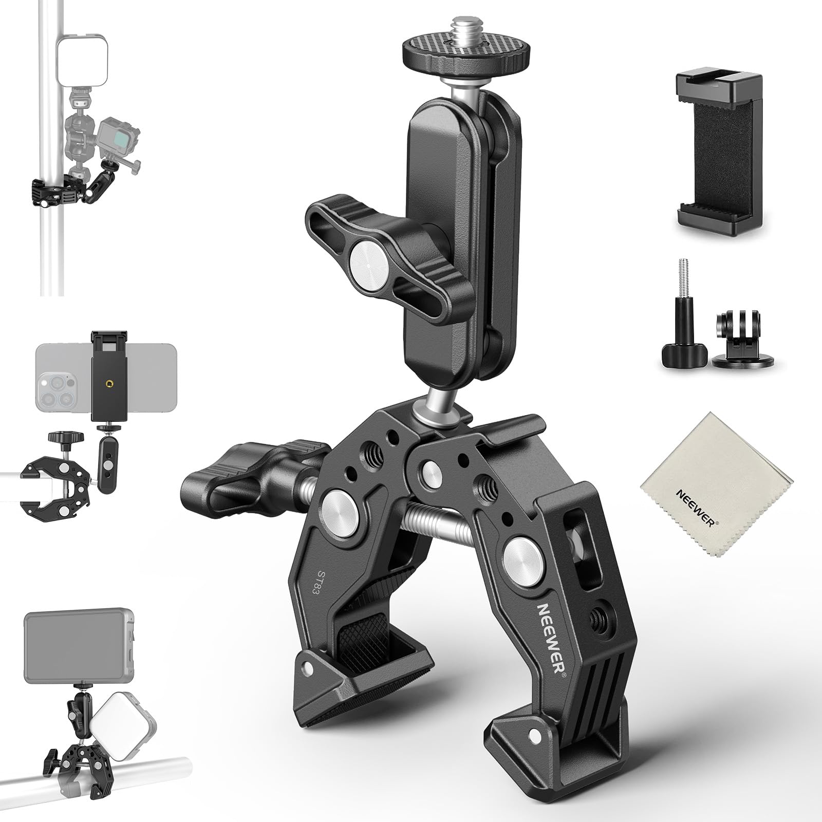 NEEWER Super Clamp Magic Arm Camera Mount with Phone Holder Action Cam Adapter Ball Heads 1/4 Threads Cold Shoe Cleaning Cloth C