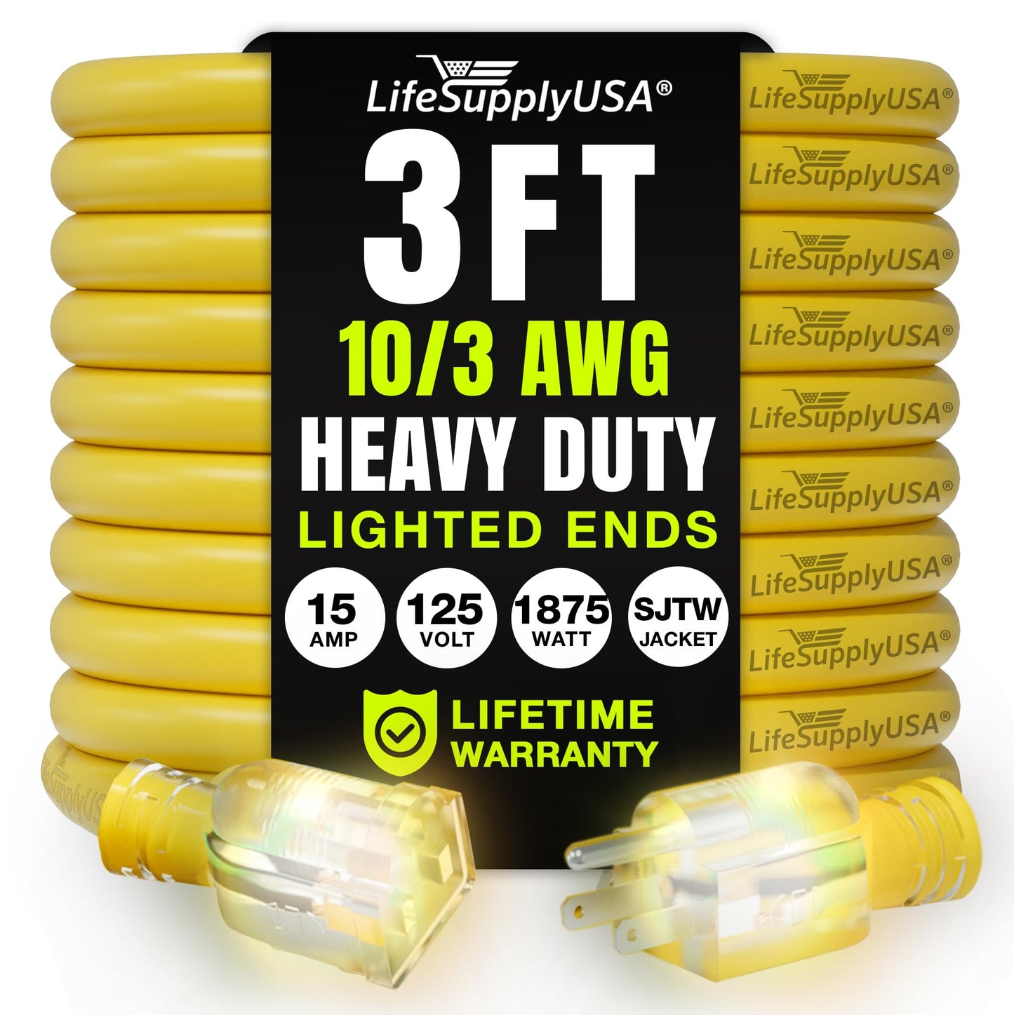 3ft Outdoor/Indoor Extension Cord 10/3 Gauge Ultra Heavy Duty 3 Prong SJTW, Waterproof, Flexible Cold-Resistant Long Power Cord,