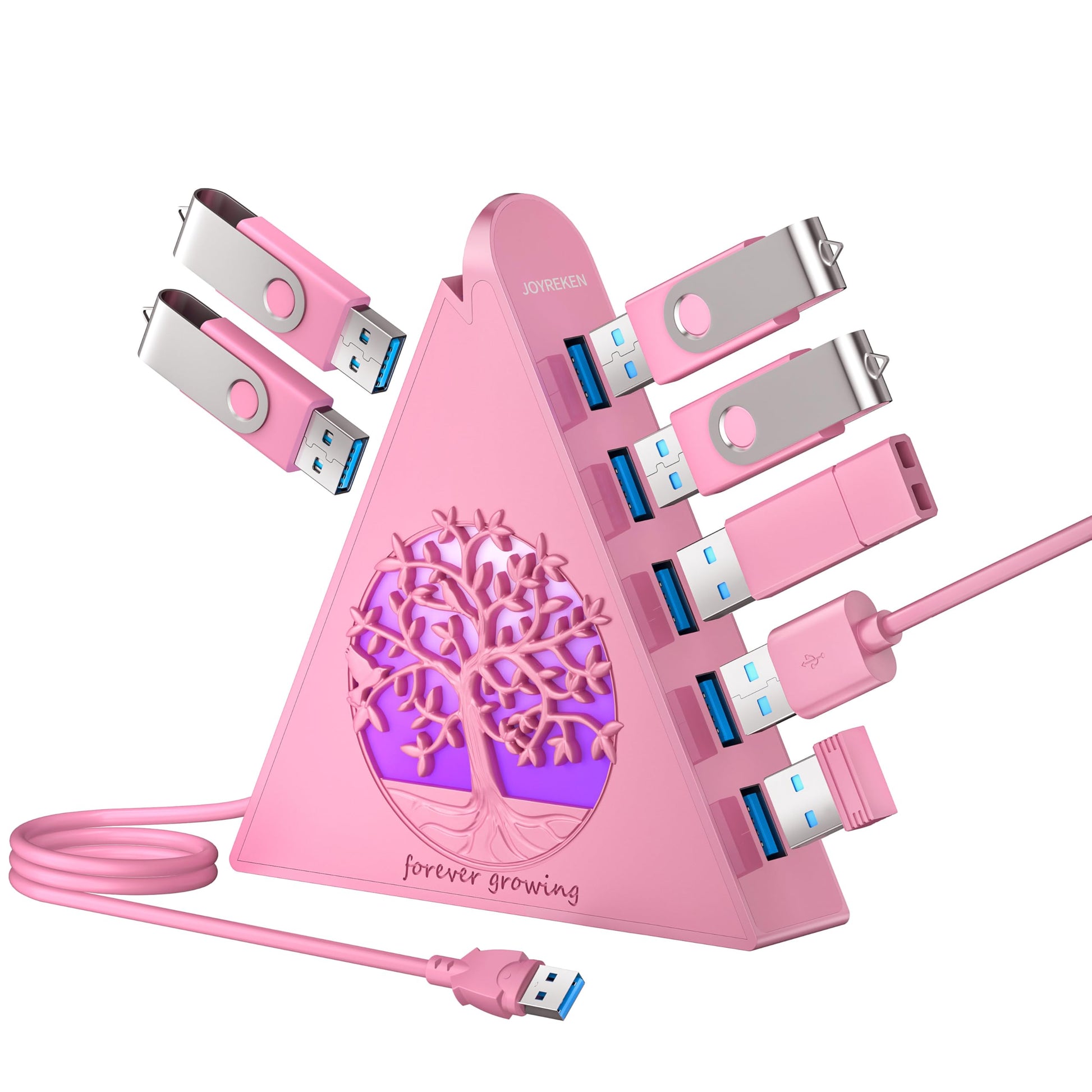 JoyReken 7-Port USB 3.0 Hub, RGB USB Hub with RGB Tree Light and 2ft Cable, USB Hub 3.0 Pink USB Expander for Laptop, PC, Flash