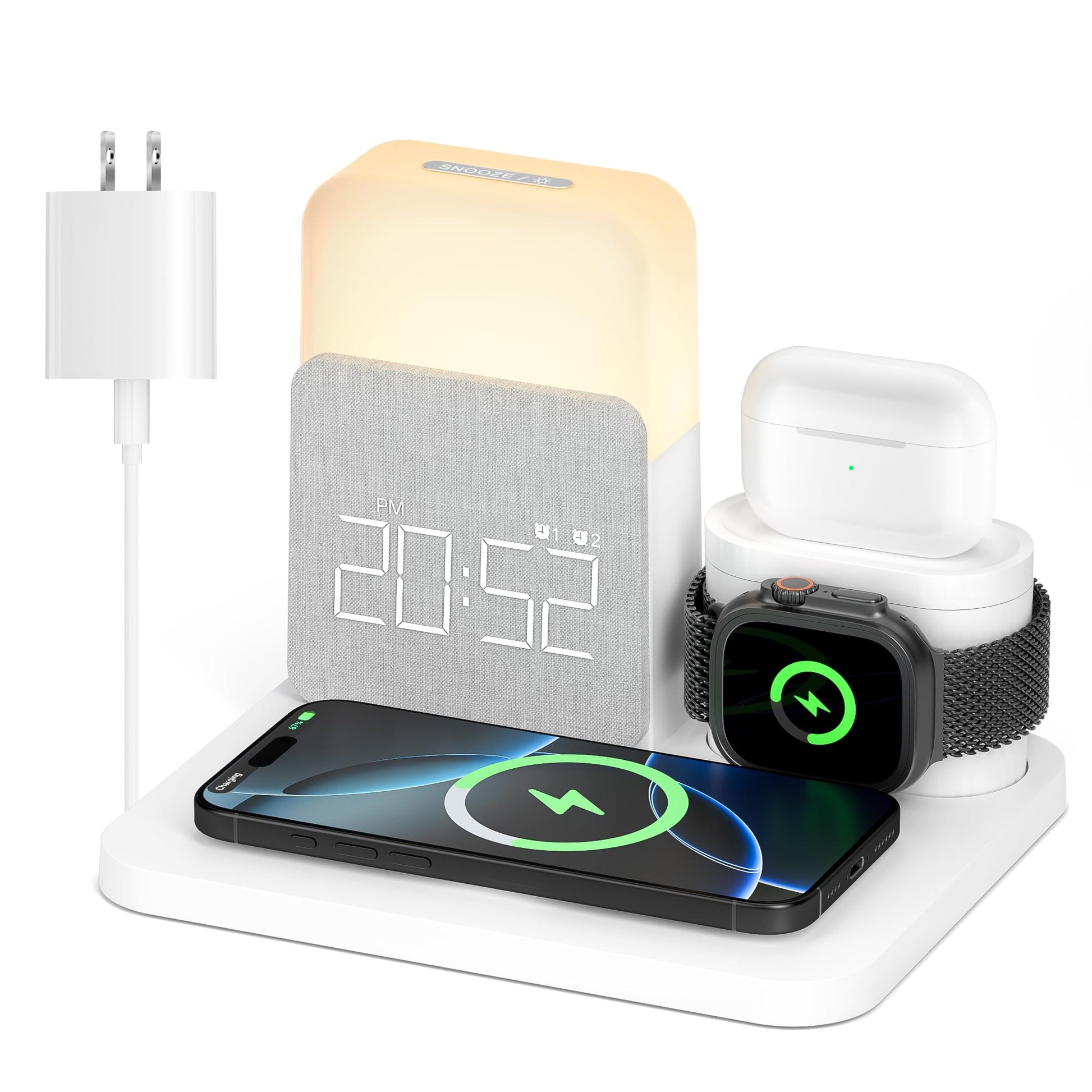 Alarm Clock Charging Station for Bedrooms, 7 in 1 Wireless Charging Station, Magnetic Charger with Night Light Bedside Clock for