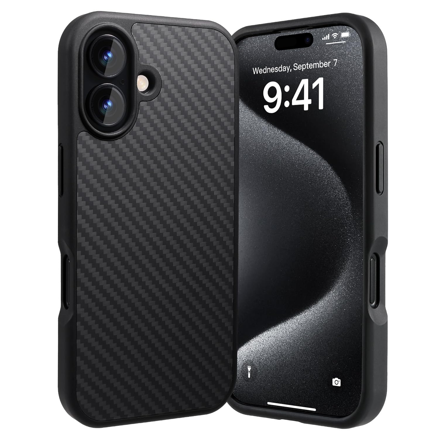 Tigowos for iPhone 16 Case Protective Carbon Fiber Case Made of Aramid Fiber, Soft Touch, Tough Durable Carbon Bumper, Black, Su