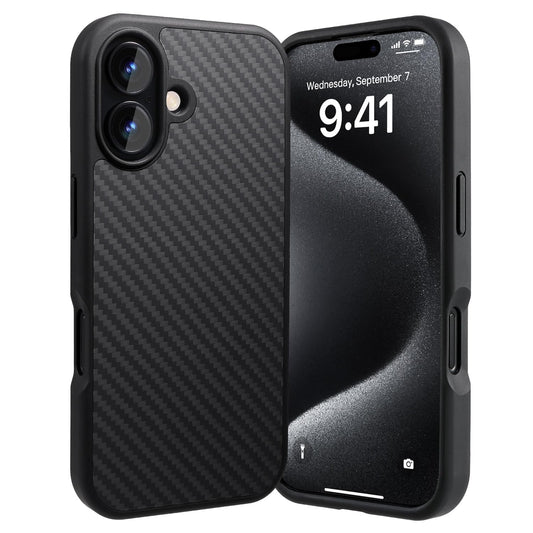 Tigowos for iPhone 16 Case Protective Carbon Fiber Case Made of Aramid Fiber, Soft Touch, Tough Durable Carbon Bumper, Black, Su
