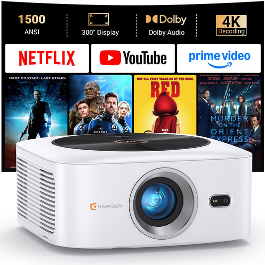 Smart 4K Decoding Projector Compatible with Netflix, 1500 ANSI Projector with WiFi and Bluetooth, Outdoor Movie Projector, Auto