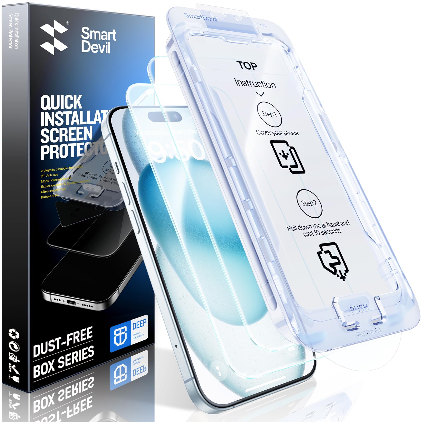 SMARTDEVIL 3 Pack for iPhone 15 Screen Protector, 9H Hardness Military Grade Shatterproof, HD Clear Tempered Glass with Auto Dus