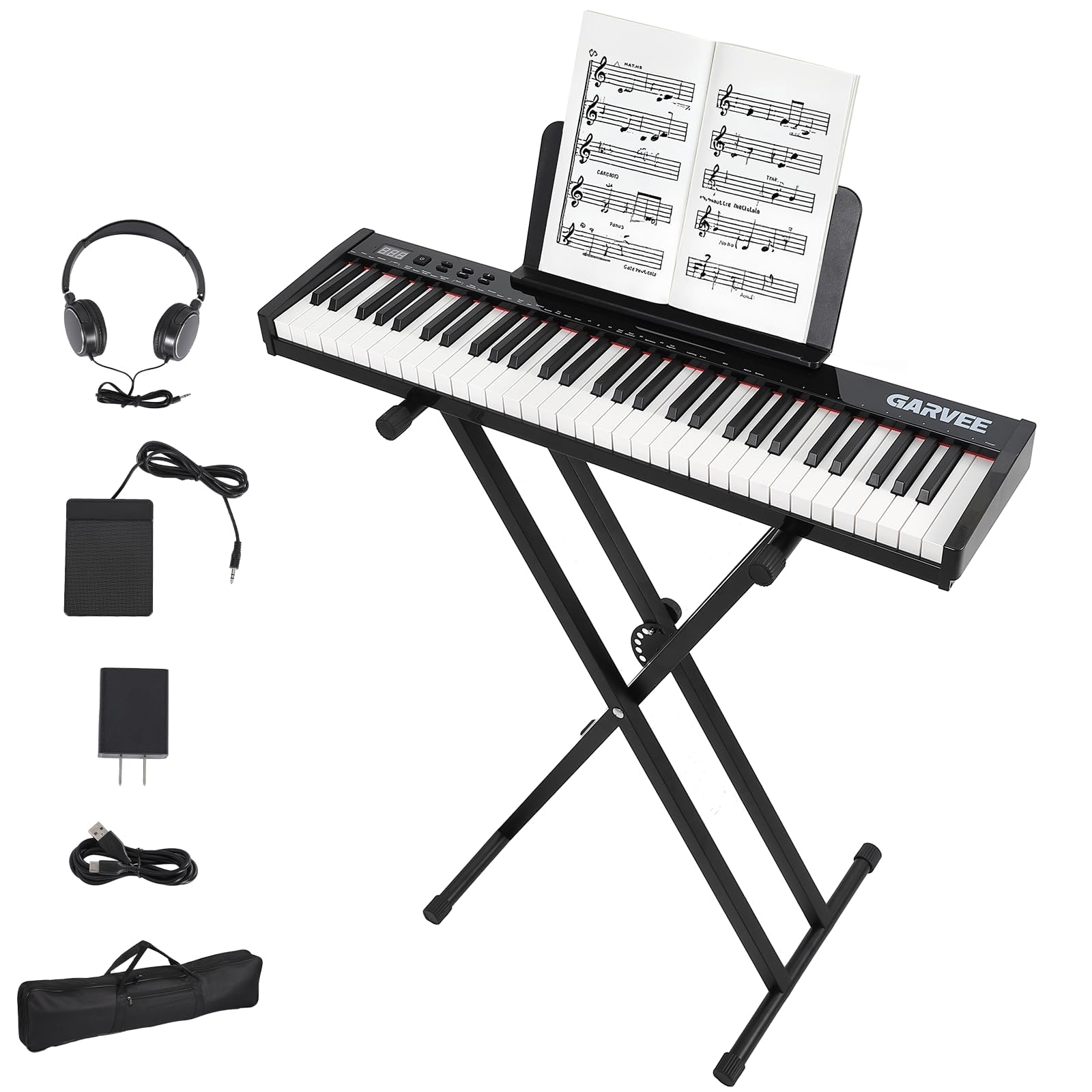 Electronic Keyboards Piano 61 Key, Portable Keyboards Piano with Microphone, Headphone, X-Stand, Stool, Holder, Note Stickers, H