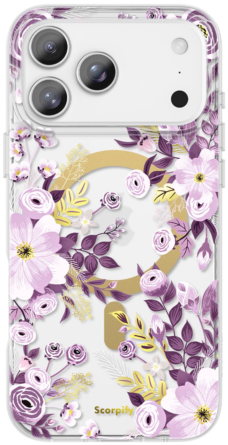 SCORPIFY for iPhone 17 Pro Case [Compatible with MagSafe] with Purple Nemophila Floral Design, Cute Clear Flower Magnetic Phone
