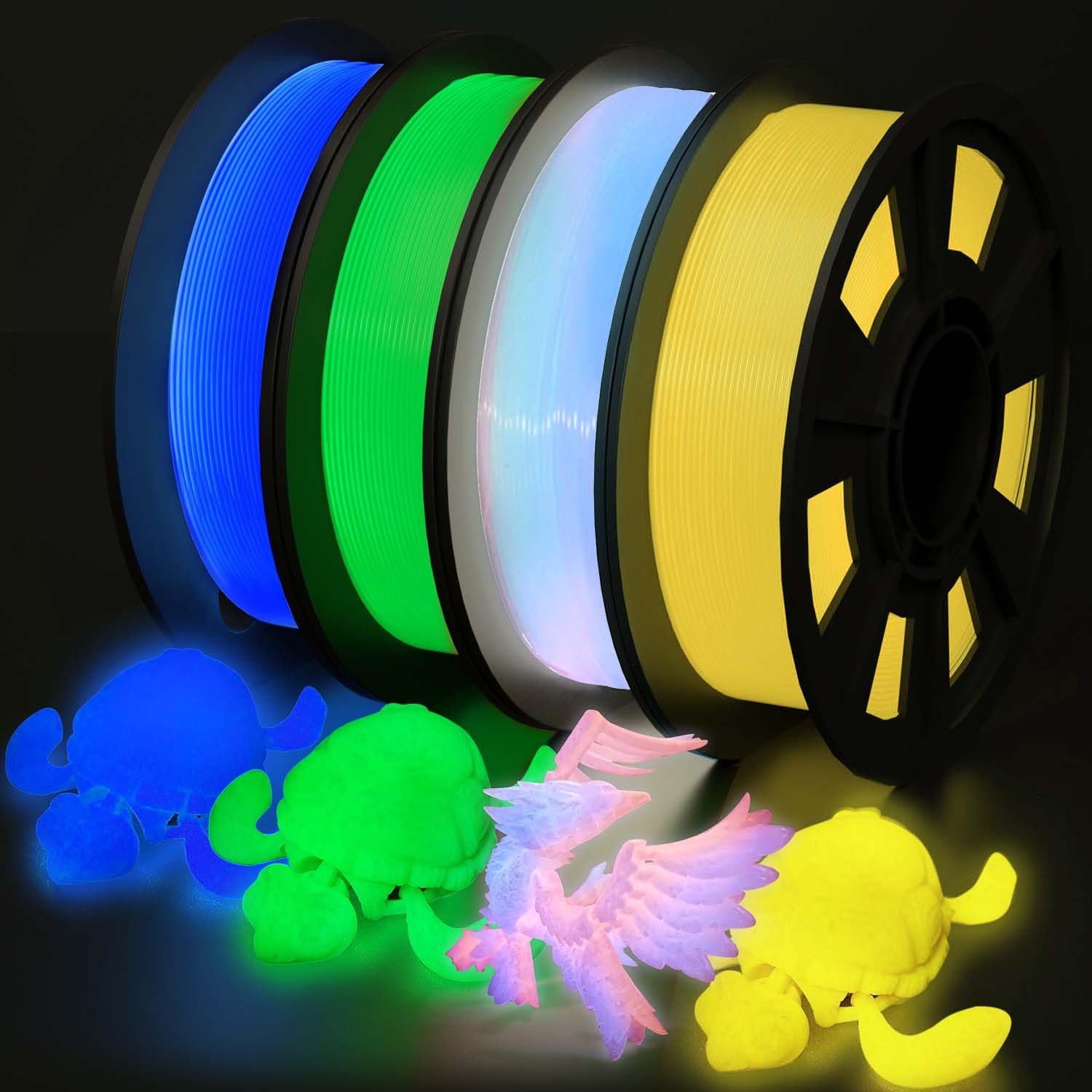 YOUSU 3D Printer Filament Bundle, Glow in The Dark Filament Multicolor, Green, Blue, Yellow and Rainbow PLA Filament 1.75 mm, Di