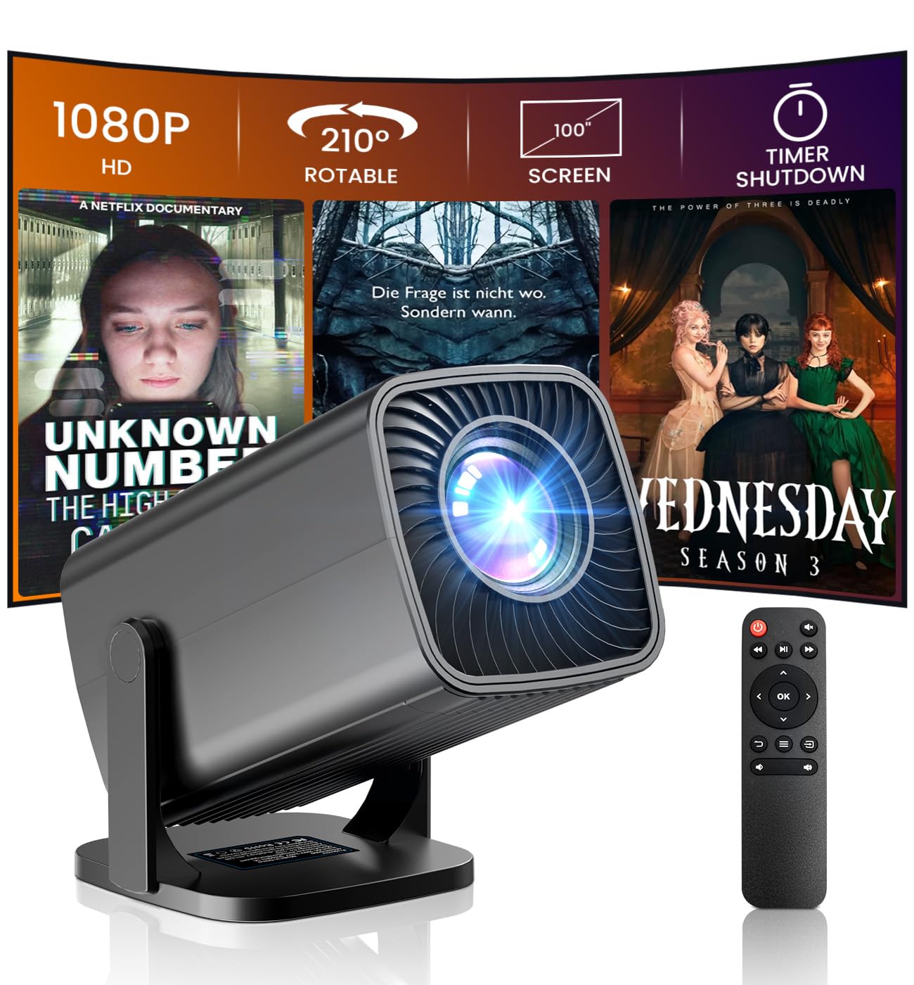 Mini Projector, Full HD 1080P Support Portable Outdoor Movie Projector, Smart Projector Compatible with Smartphone/TV Stick/Lapt