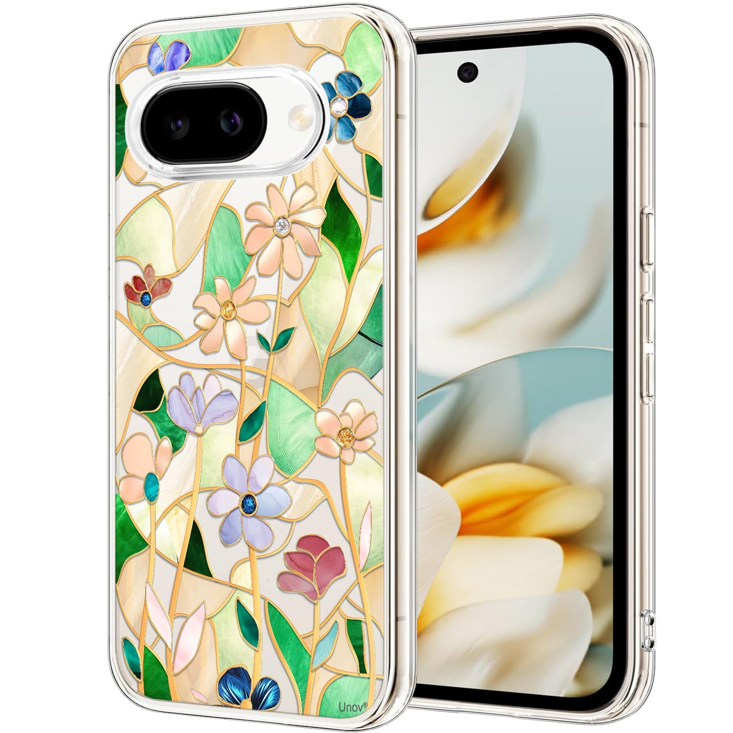 Unov Case for Pixel 9a Case Clear with Design Soft TPU Shock Absorption Slim Embossed Pattern Protective Back Cover (Stained Gla