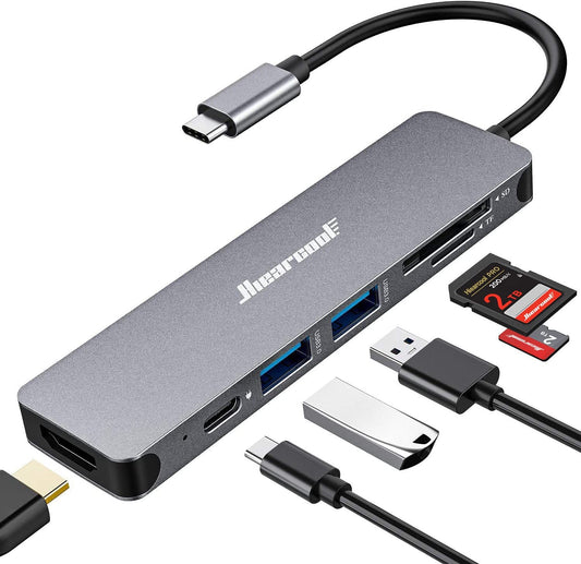 Hiearcool USB C Hub, 7-in-1 Multi-Port Adapter, 4K HDMI, USB 3.0, SD/TF Reader, Aluminum, Travel Size, Space Grey,