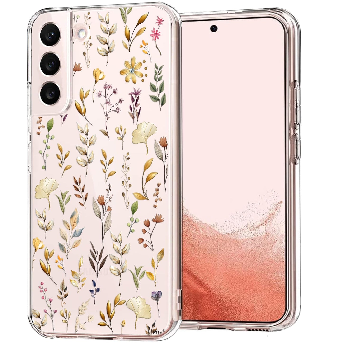 Unov Case for Galaxy S22 Case Clear with Design Soft TPU Shock Absorption Slim Embossed Floral Pattern Protective 6.1 inch (Gold