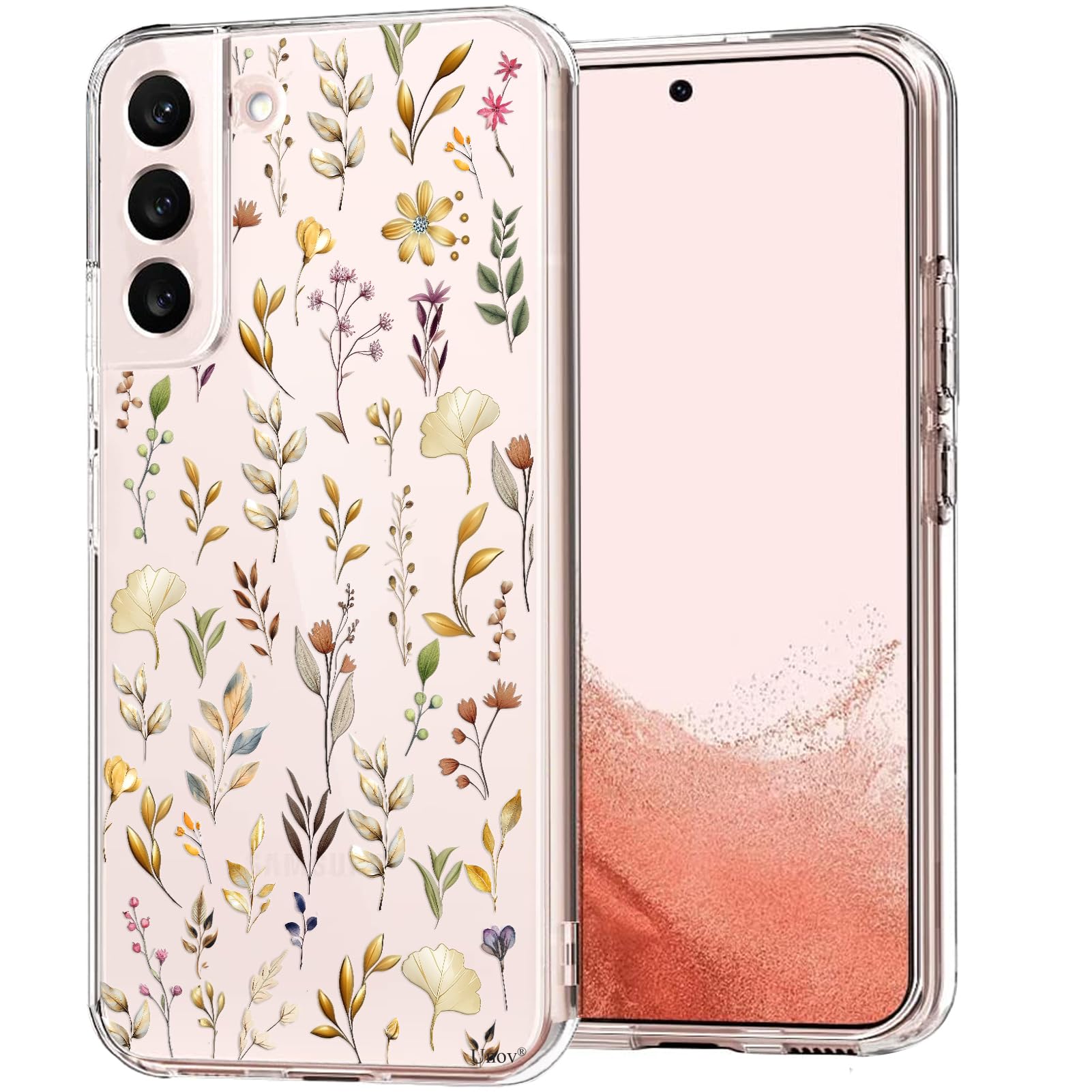Unov Case for Galaxy S22 Case Clear with Design Soft TPU Shock Absorption Slim Embossed Floral Pattern Protective 6.1 inch (Gold