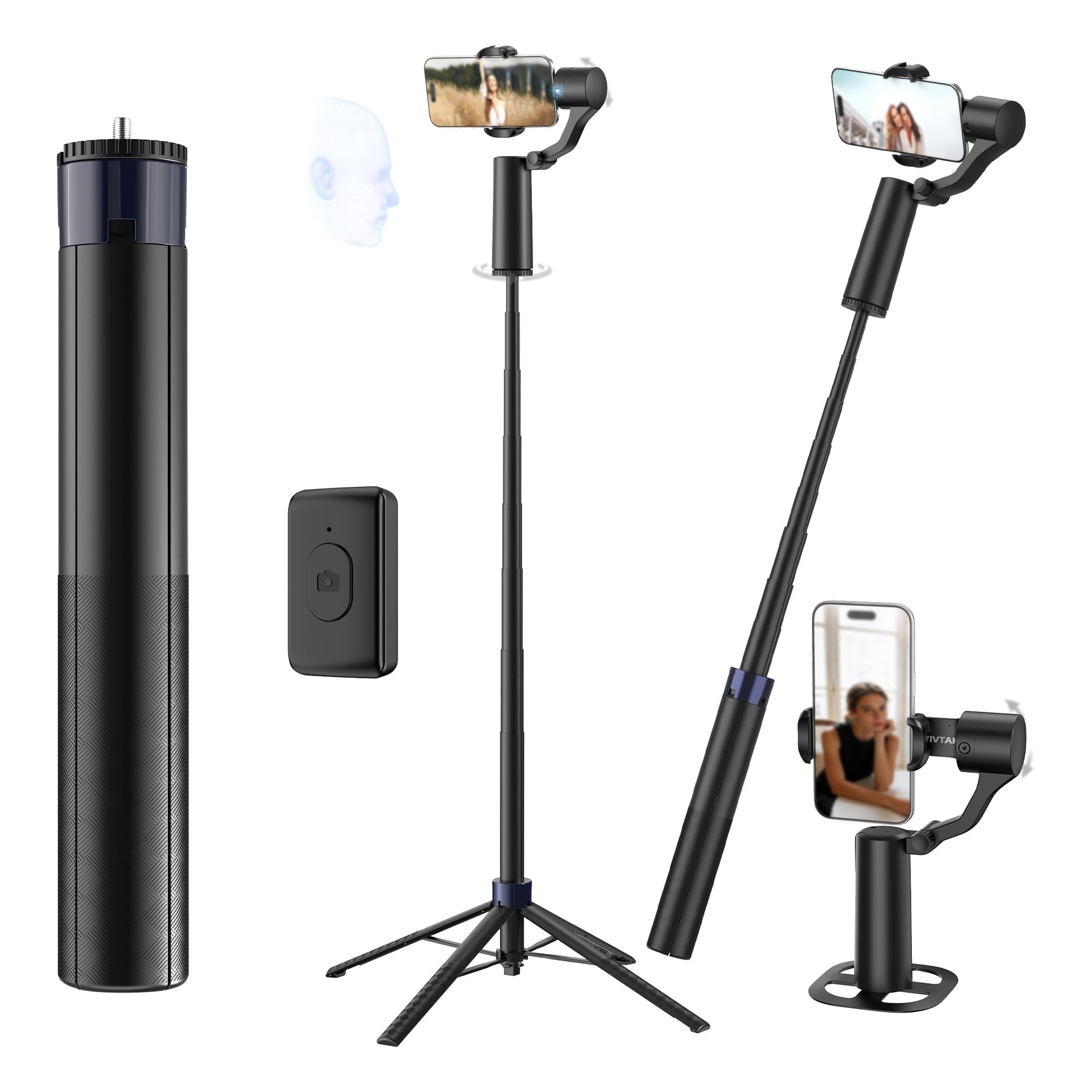 70in Dual Axis Auto Face Tracking Tripod, 360 Horizontal & 130 Vertical Rotatable Selfie Stick for iPhone, Android, Modular Self