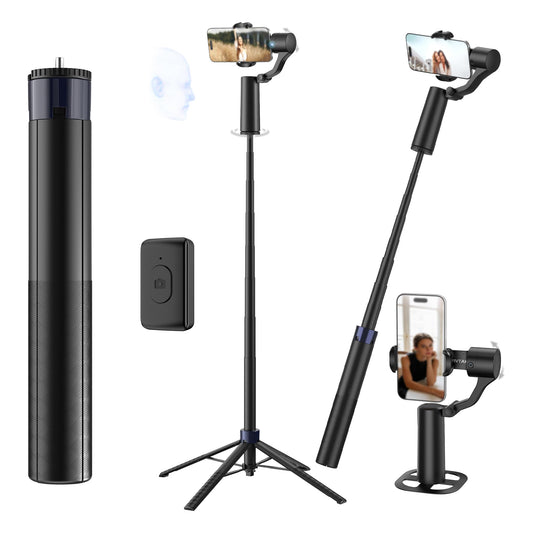 70in Dual Axis Auto Face Tracking Tripod, 360 Horizontal & 130 Vertical Rotatable Selfie Stick for iPhone, Android, Modular Self