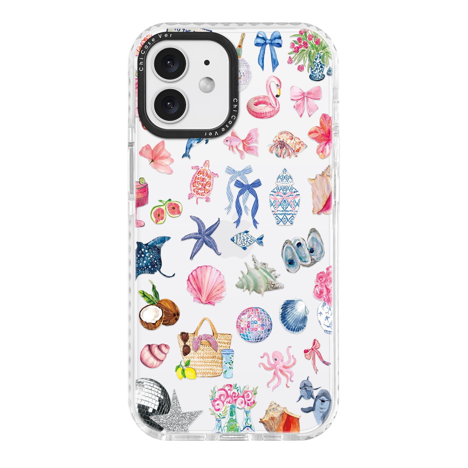 ChiCaseVer for iPhone 11 Case, Tropical Beach Collage Pattern with Shells & Flamingos, Military-Grade Drop Protection, Colorful