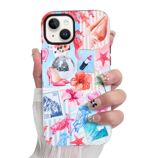 SOKAD Magnetic Summer Collage Phone Case for iPhone 15, Cute Beach Coastal Collage Pattern Compatible with Magsafe Matte Protect