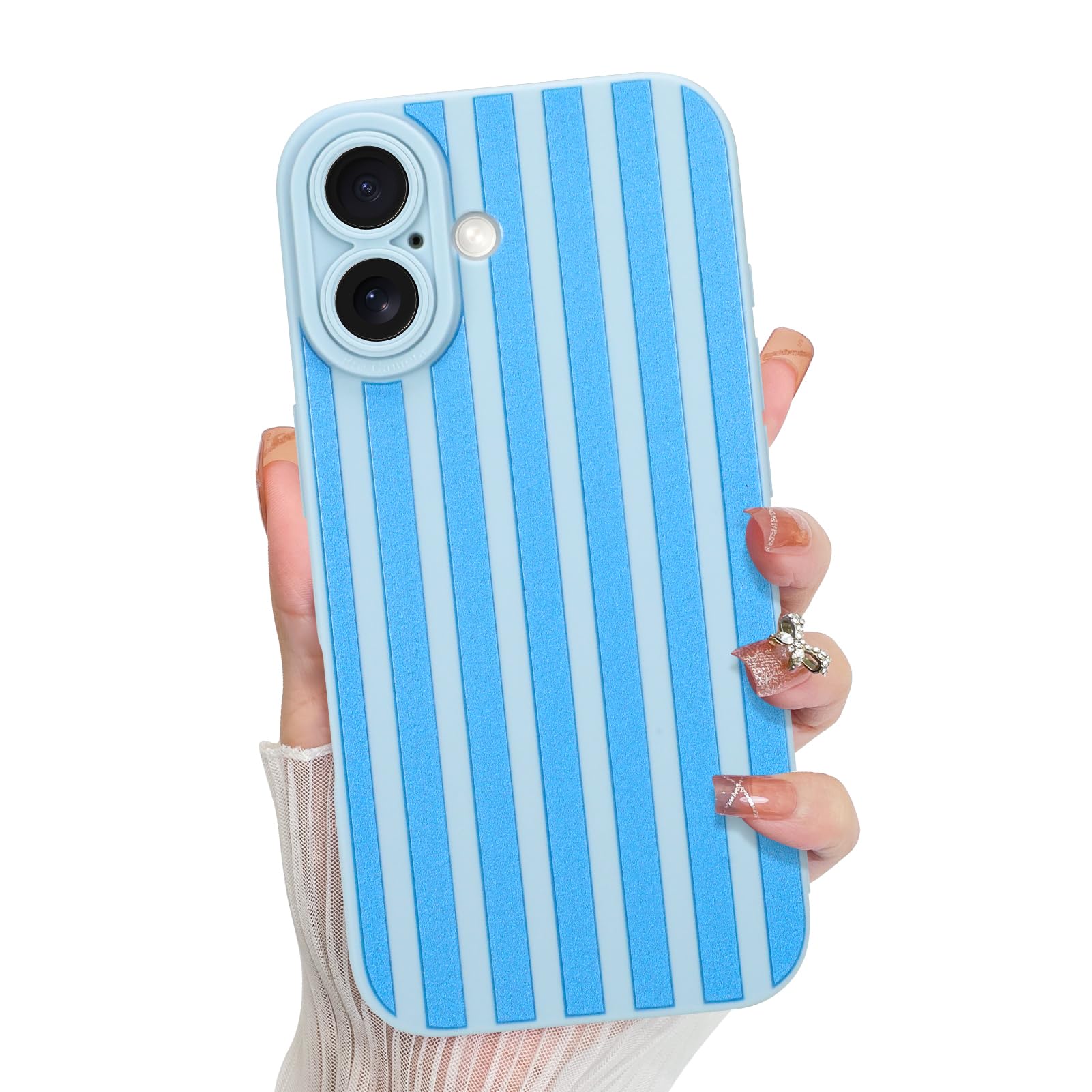 KANGHAR Compatible with iPhone 16 Case, Silicone Stripes Cute Pattern, Camera Protection Soft Slim Phone Case for Phone Case -Bl