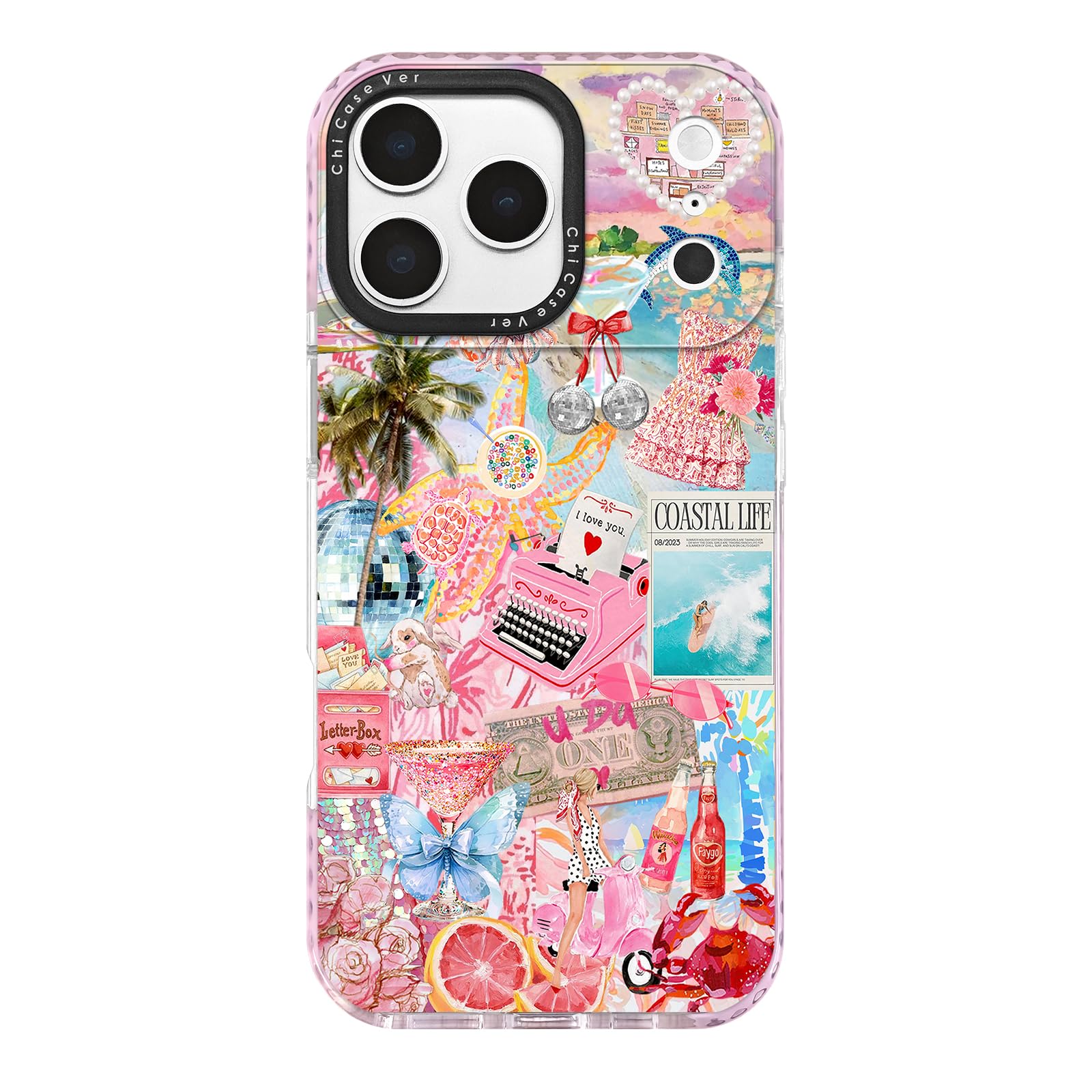 ChiCaseVer for iPhone 17 Pro Max Case, Coastal Life Pattern with Tropical Collage, Military-Grade Drop Protection, Pink Paradise