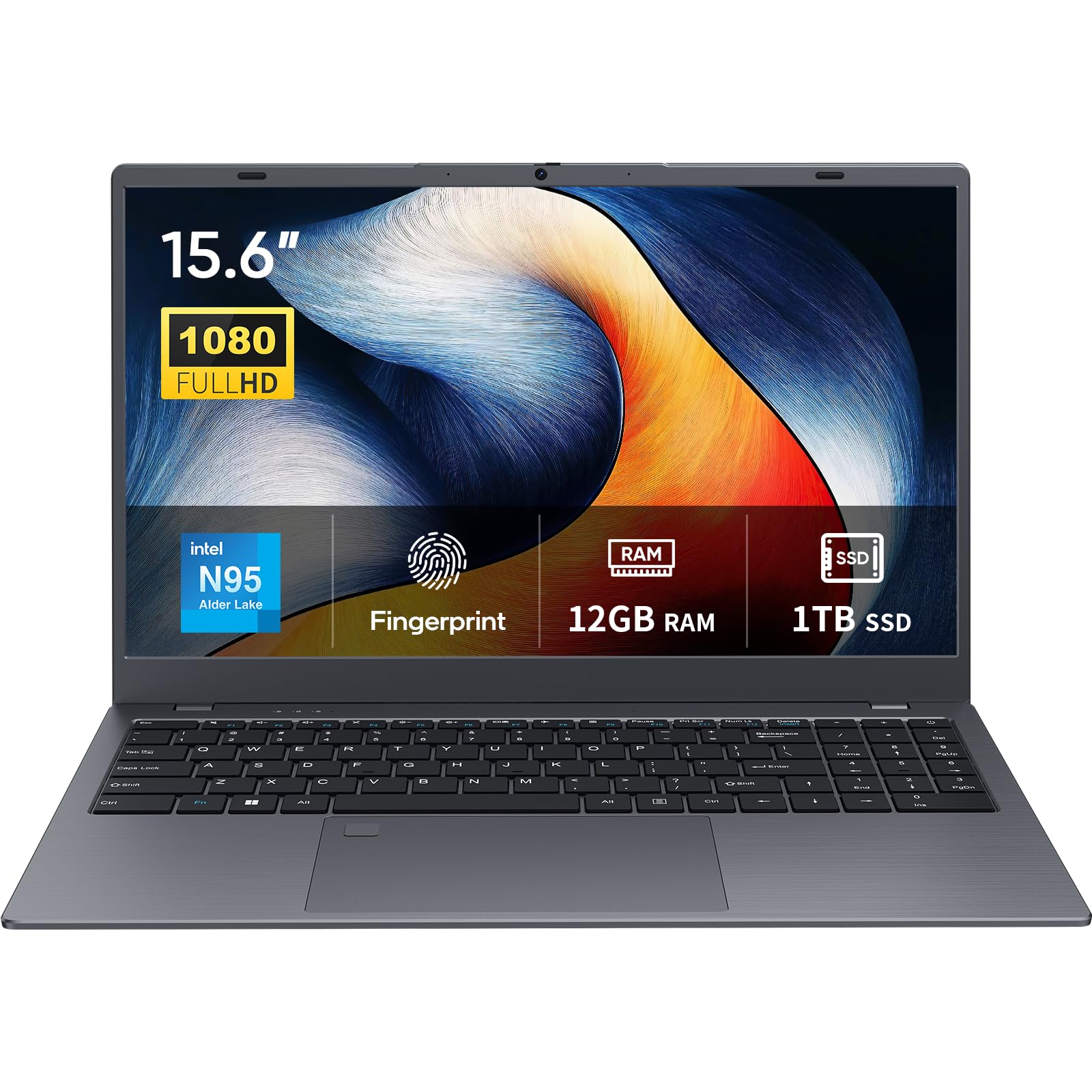 BiTECOOL 15.6 Laptop, 12GB LPDDR5 RAM, 1TB NVMe SSD, N95 Quad Core (up to 3.4GHz), FHD IPS Display, 2.4G/5G WiFi, BT5.0, Fingerp