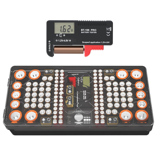 Battery Organizer Storage Case with Tester, Stores & Protects Up to 136 Batteries, Holds AAA AA C D 9V Button Cell with Clear Lo