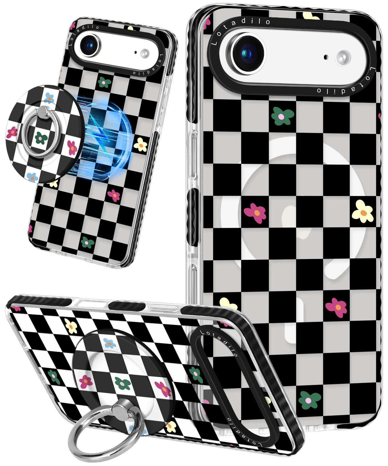 Lotadilo Case for iPhone 17 Air Case Compatible with Magsafe Ring Holder Stand - for Women Plaid Flower Design TPU Phone Cover f