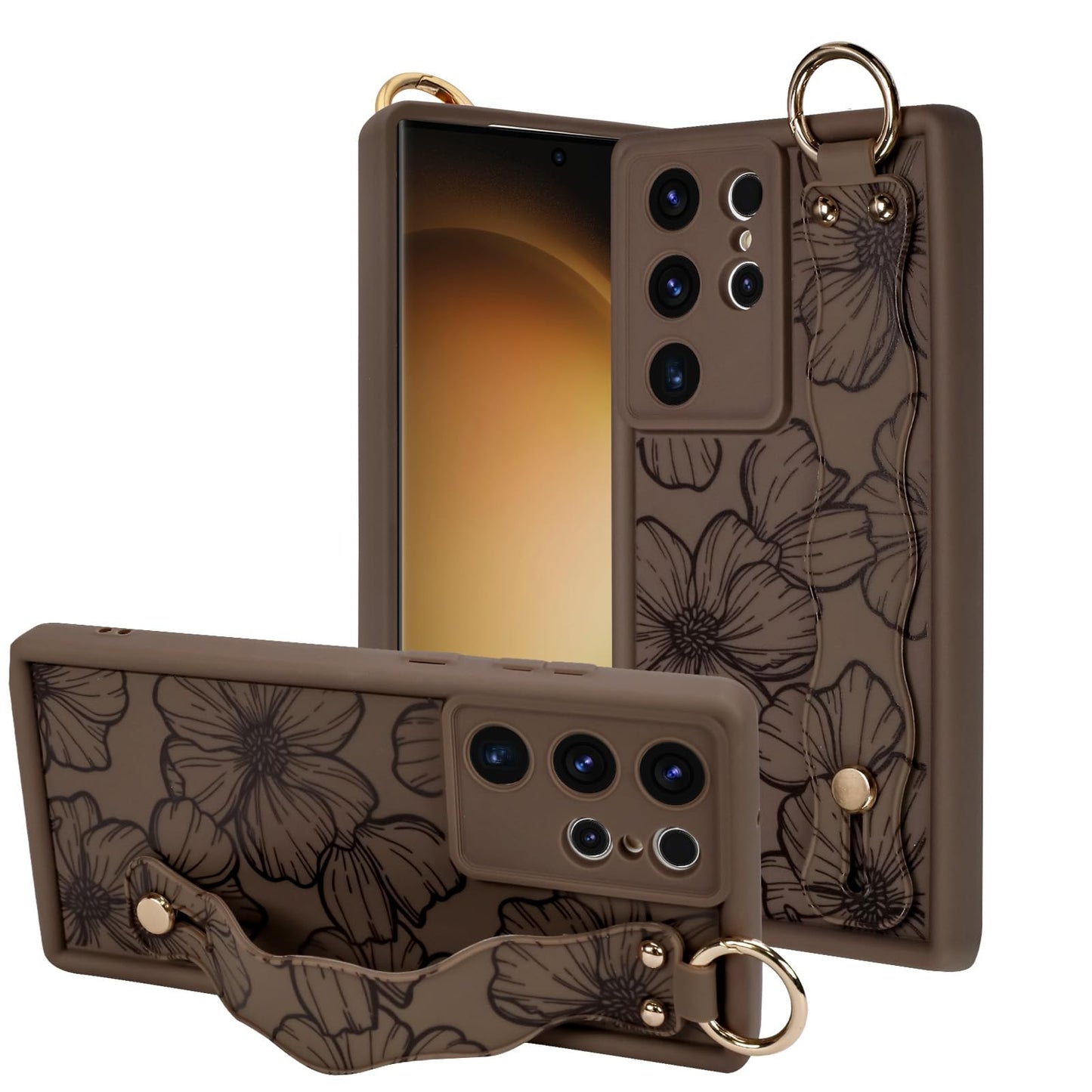 OOK Compatible with Samsung Galaxy S23 Ultra Case with Wrist Strap, Aesthetic Brown Flower Floral TPU Shockproof Protection Slim
