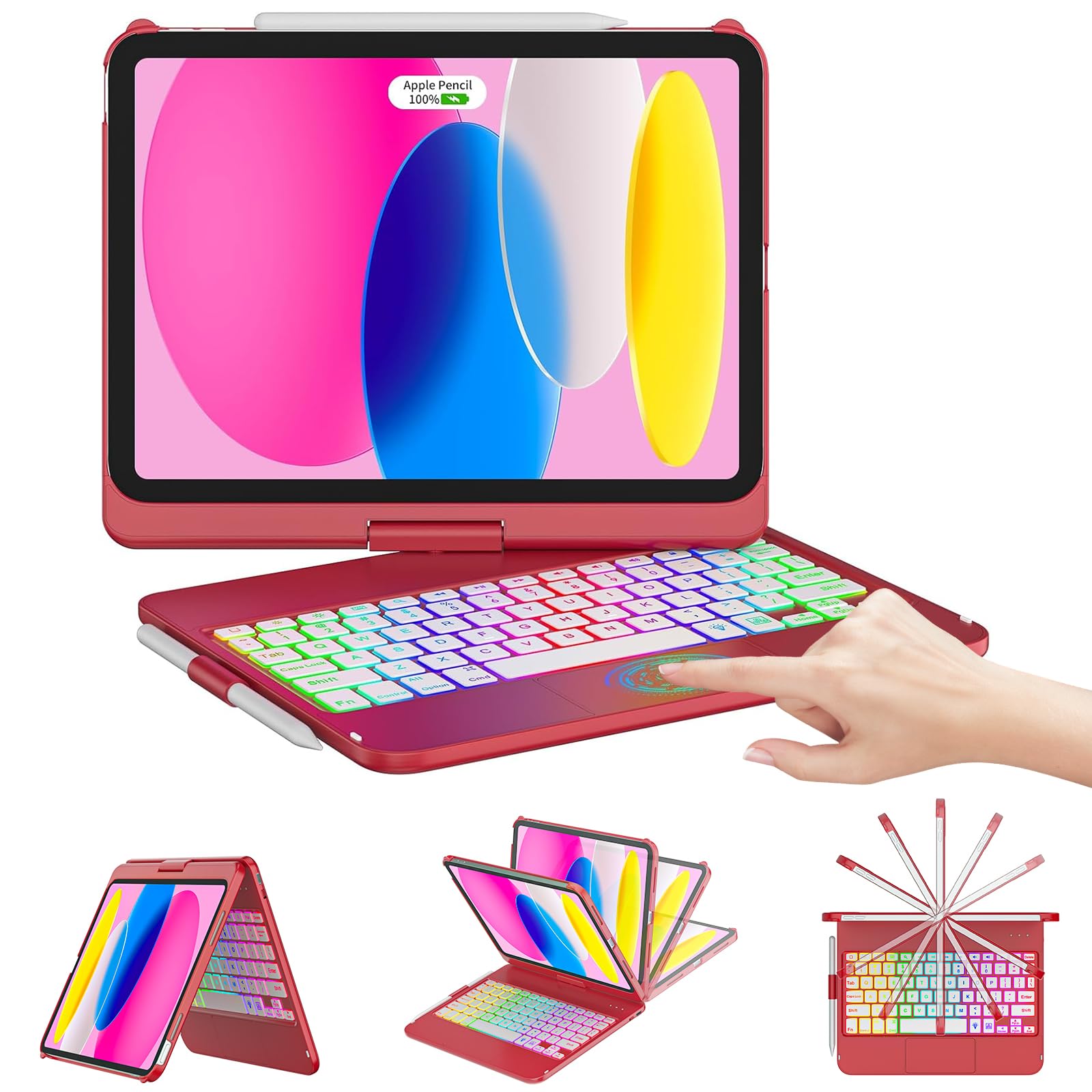 CC Store for iPad (A16) 11th 10th Generation Case with Keyboard - 7 Color Backlit 360 Rotatable Multi-Touch Track Pencil Holde f