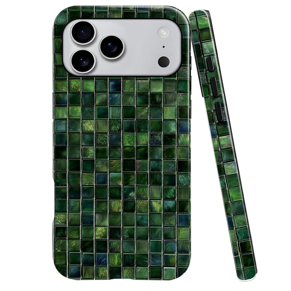 DJSOK Compatible with iPhone 17 Pro Max,Glossy PC Anti-Scratch Shockproof Case - Aesthetic Toned Tiles Green Glass