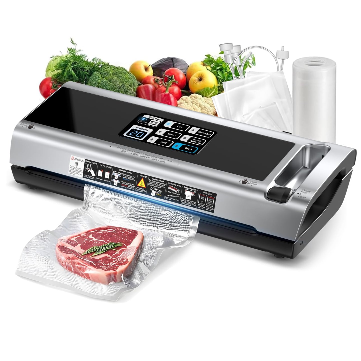 90KPa Portable Vacuum Sealer Machine for Food, One-Touch Open Lid, Detachable & Easy to Clean, Vertical Placement Saves Space, P