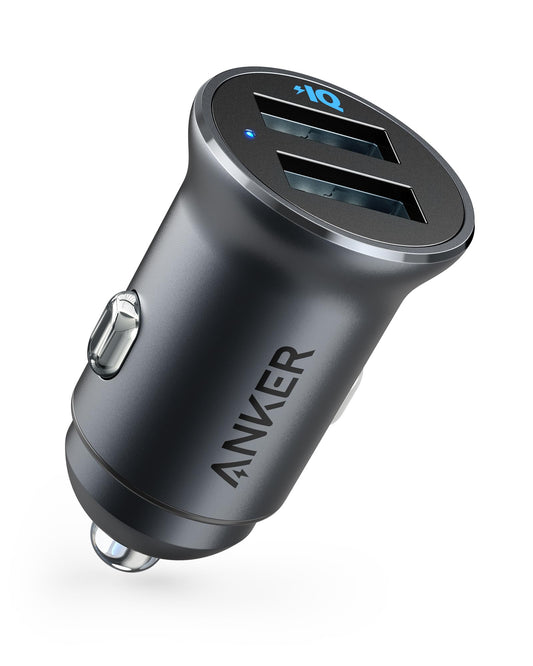 Anker 320 Car Charger (24W II), Mini Aluminum Alloy Dual USB with Blue LED for iPhone16 15 14 13 12 Series, iPad Pro/Air 2/Mini,