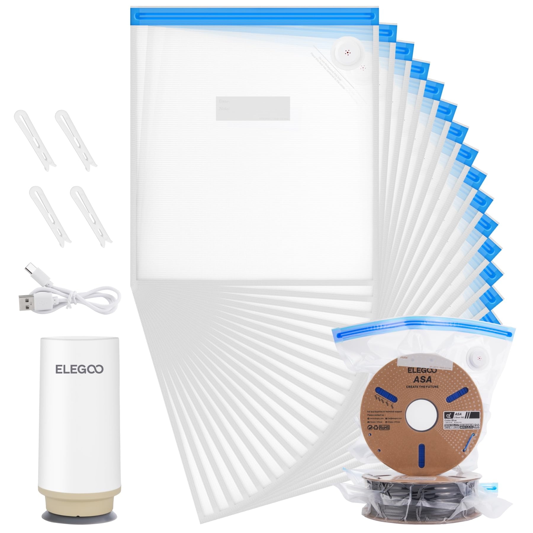 ELEGOO Filament Vacuum Storage Kit with with Upgraded Auto Pump and Bags, 20 Pack Vacuum Sealed Bags for Keeping 3D Printer Fila