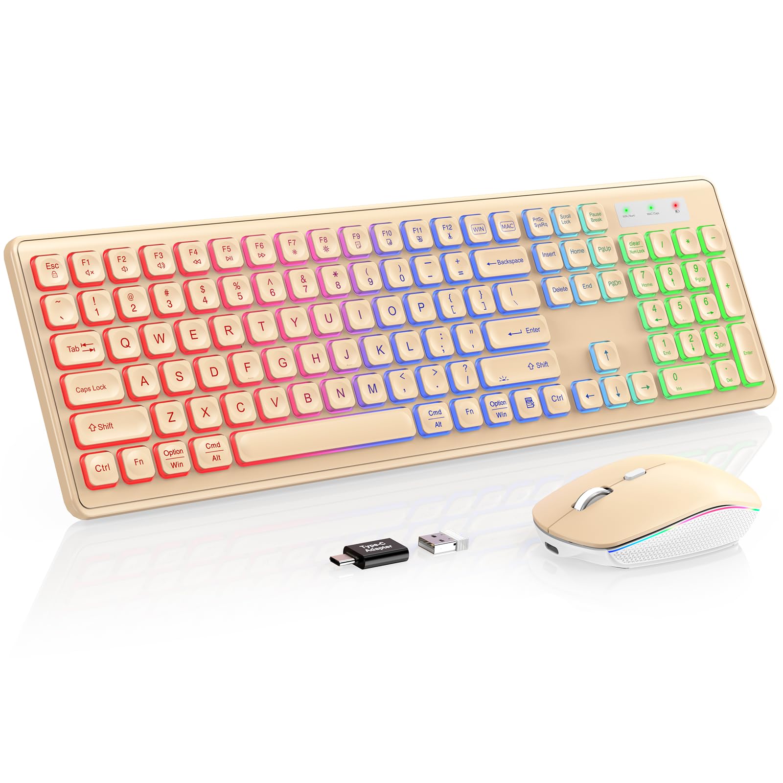 Wireless Keyboard and Mouse Combo, RGB Backlit, Rechargeable & Light Up Letters, Full-Size, Soft Typing, Sleep Mode, 2.4GHz Quie