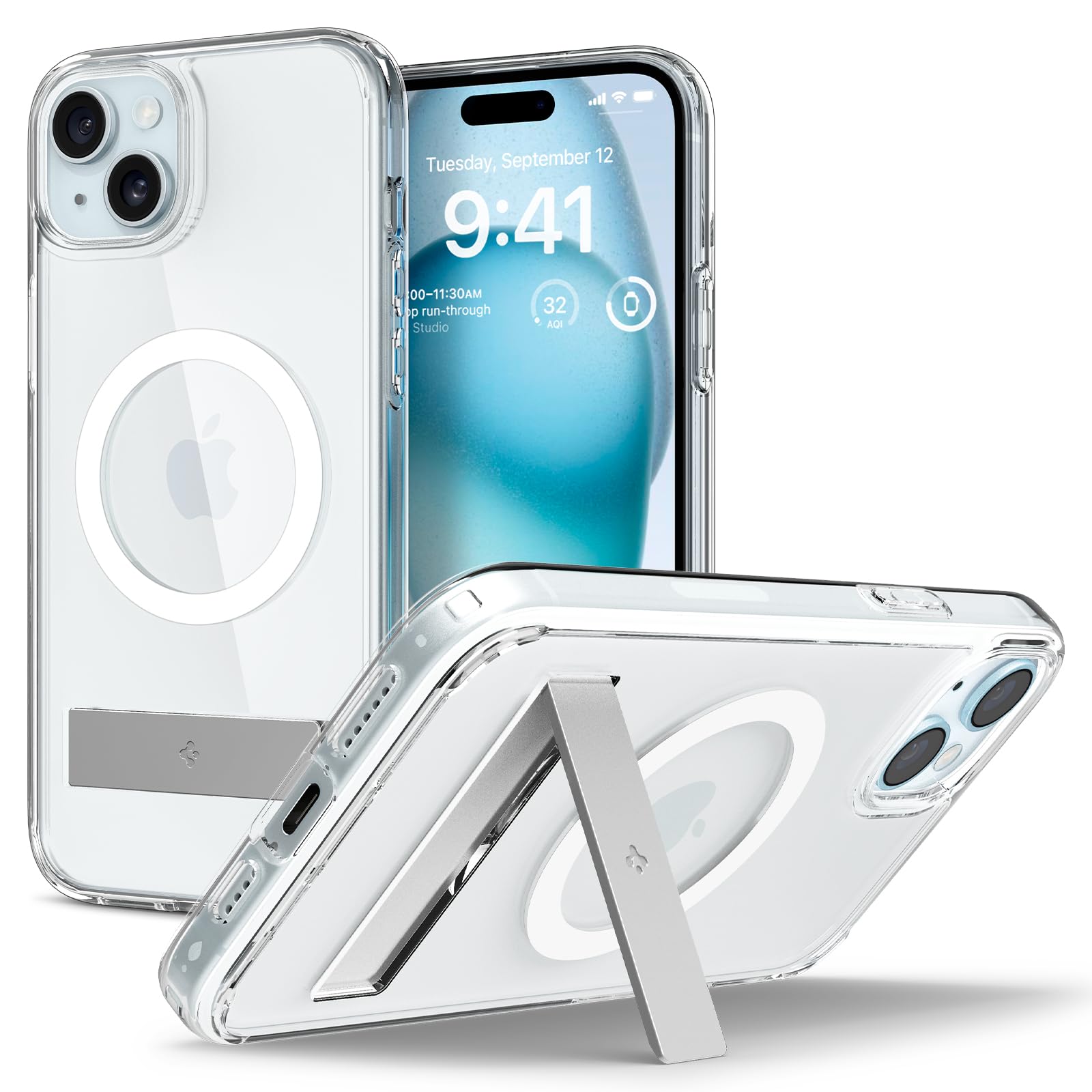 Spigen Ultra Hybrid S MagFit Designed for iPhone 15 Case (2023) [Kickstand] [Amti Yellowing], Compatible with MagSafe - Crystal