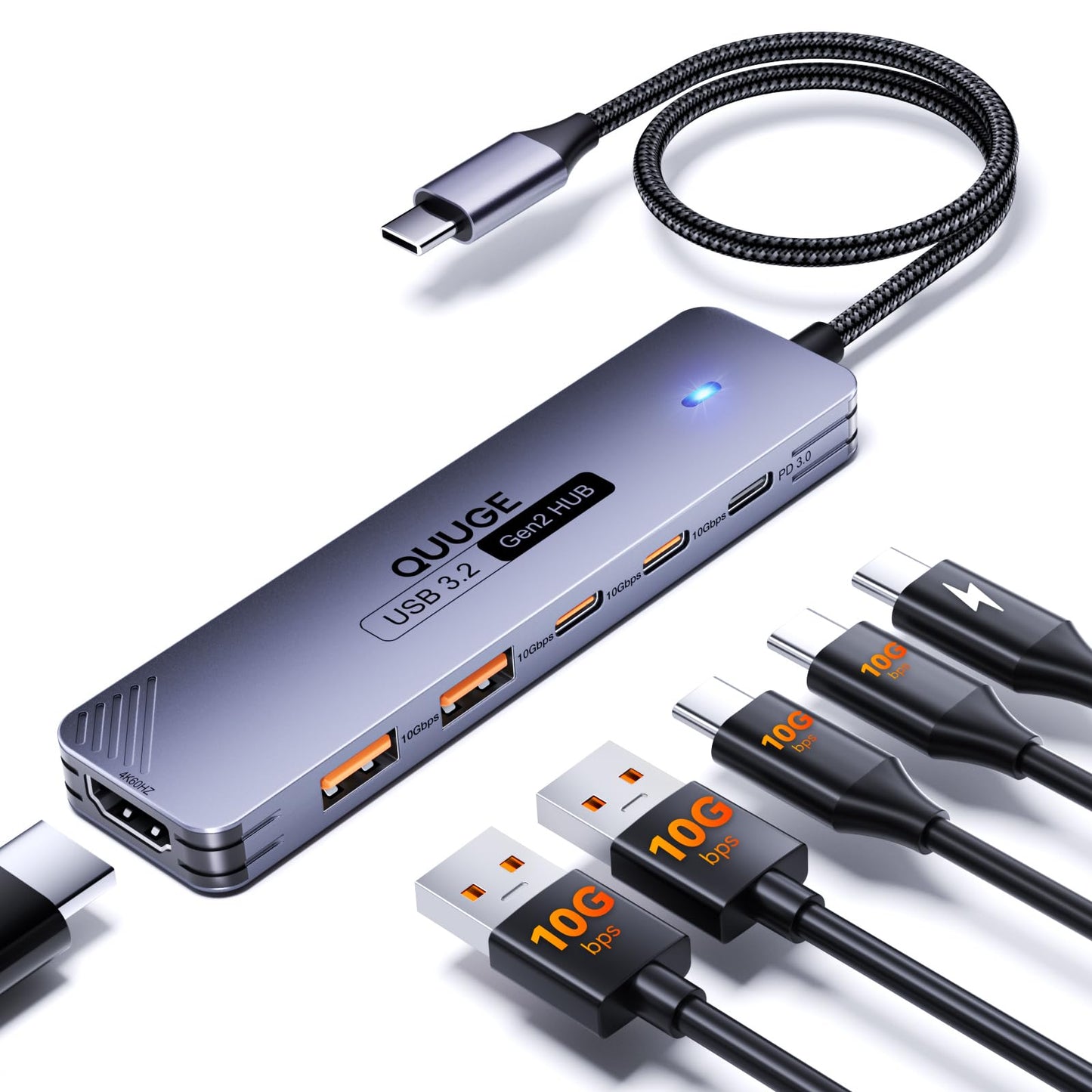 QUUGE USB C Hub 10Gbps, 6-in-1 Aluminum Multiport Adapter for Laptops, 4K@60Hz USB C to HDMI Adapter with 100W PD, 2 USB-A & C 3