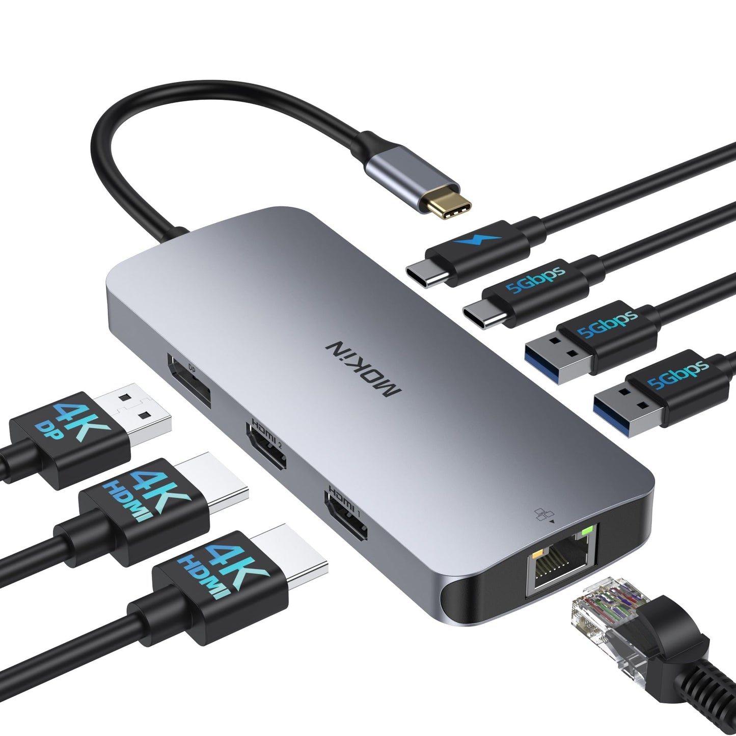 USB C Docking Station 3 Monitors, MOKiN USB C Docking Station with 2 HDMI, 4K DisplayPort, 1Gbps Ethernet, 100W PD Charging, 3 U