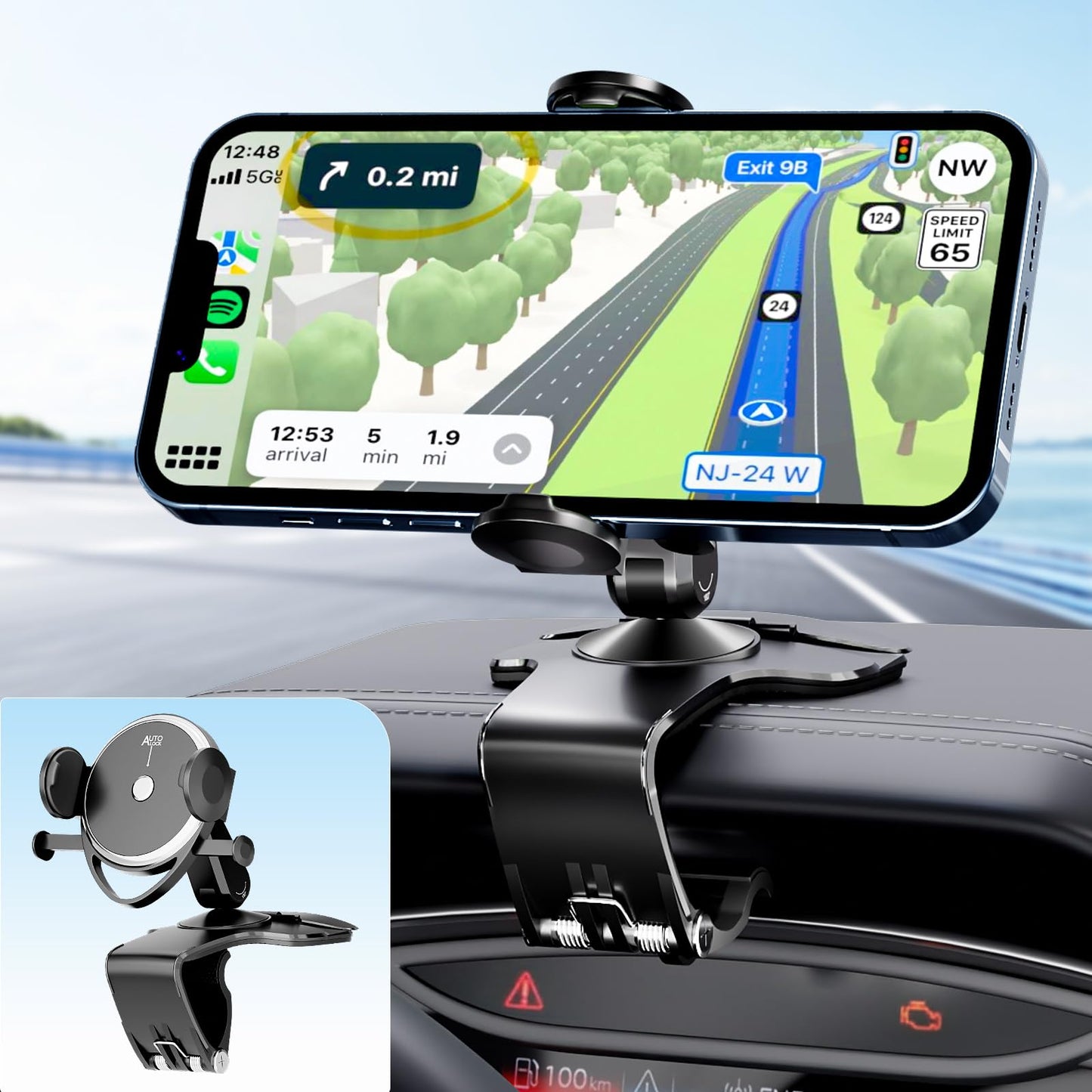 Dashboard Car Phone Holder, Universal 360 Rotation Dash Phone Mount for Car, Multifunctional Dashboard Clip Phone Bracket, Hands
