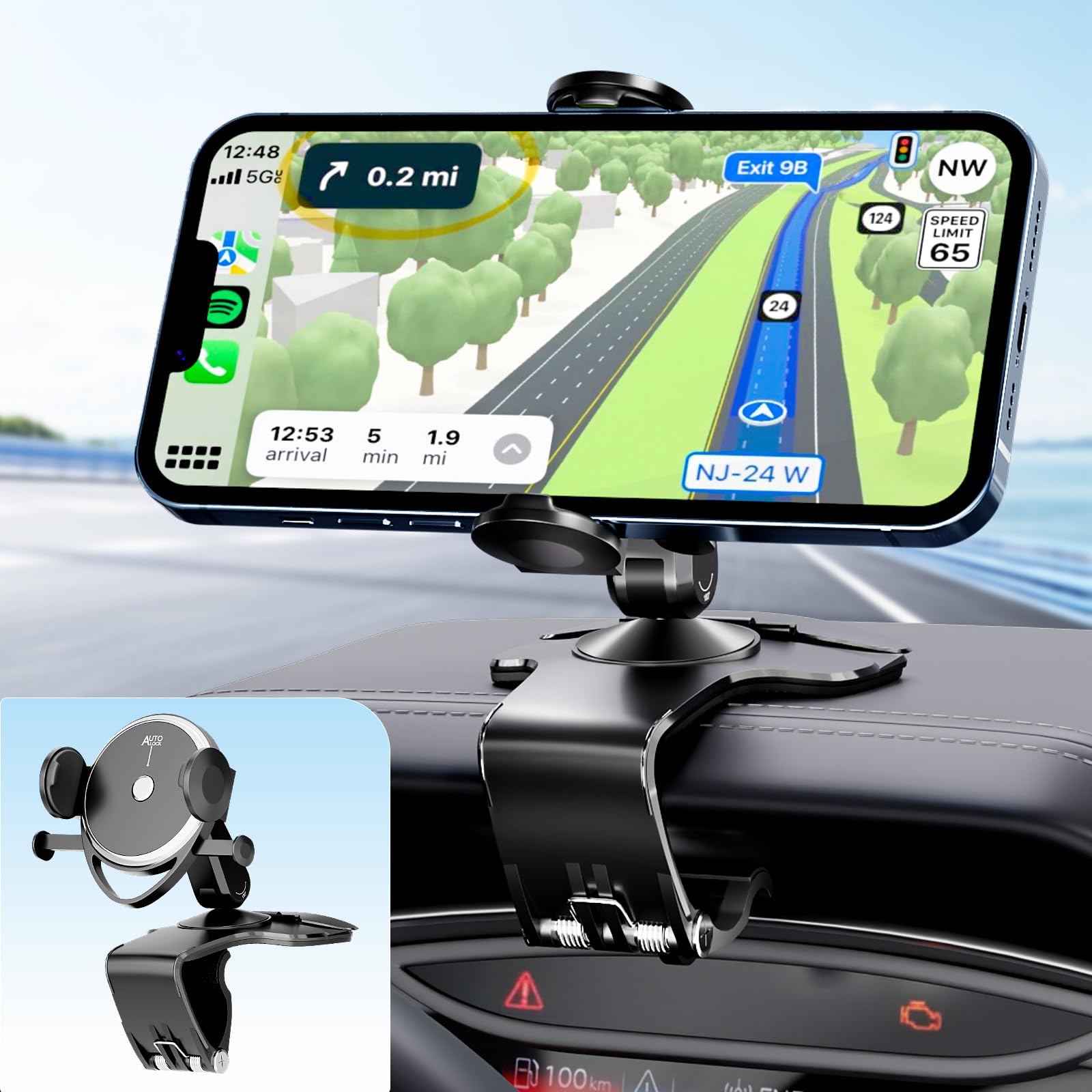 Dashboard Car Phone Holder, Universal 360 Rotation Dash Phone Mount for Car, Multifunctional Dashboard Clip Phone Bracket, Hands