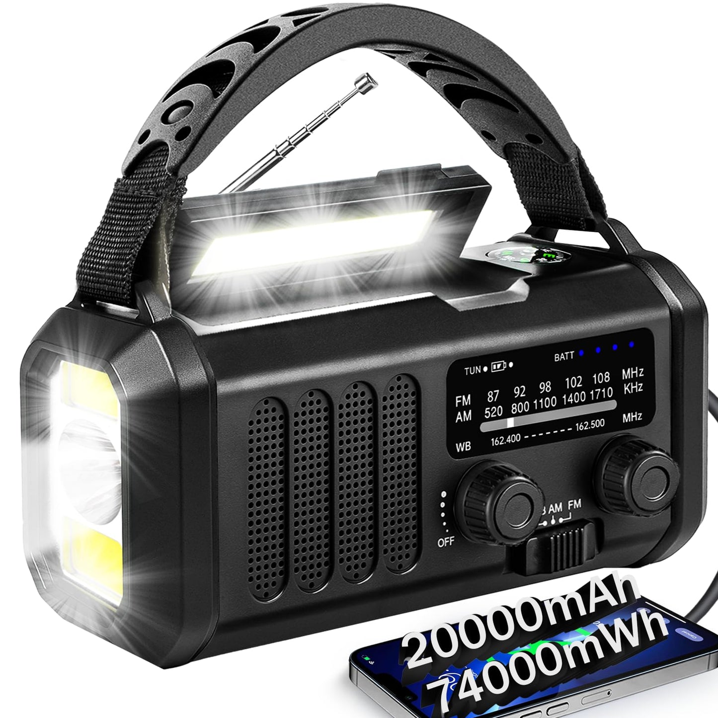QAUYYW Hand Crank Emergency Radio,74000mWh Solar Powered Portable NOAA AM FM Weather Radio with 3 Mode Flashlight and Reading Li
