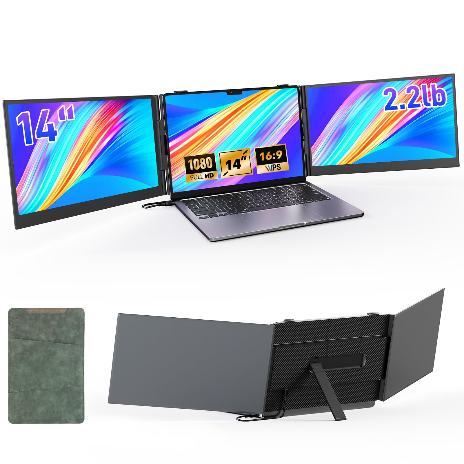 Redalf 14 Triple Laptop Screen Extender,Ultra-Thin & Lightweight (2.2lb) Portable 1080P FHD IPS Monitor, Plug & Play USB-C/HDMI,